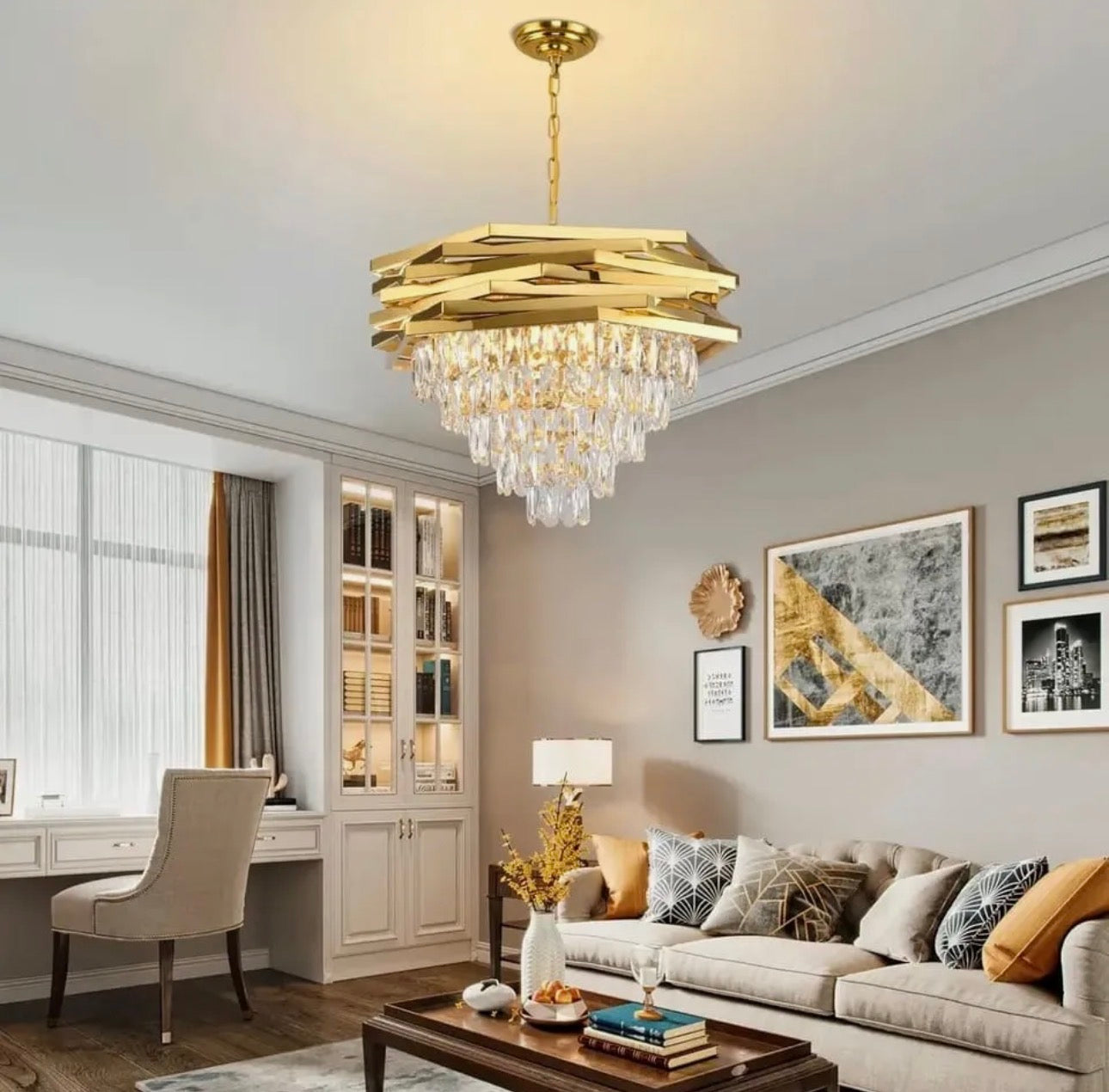 Modern Geometric Gold Crystal Chandelier (Luxury Tiered Drop Pendant Light)