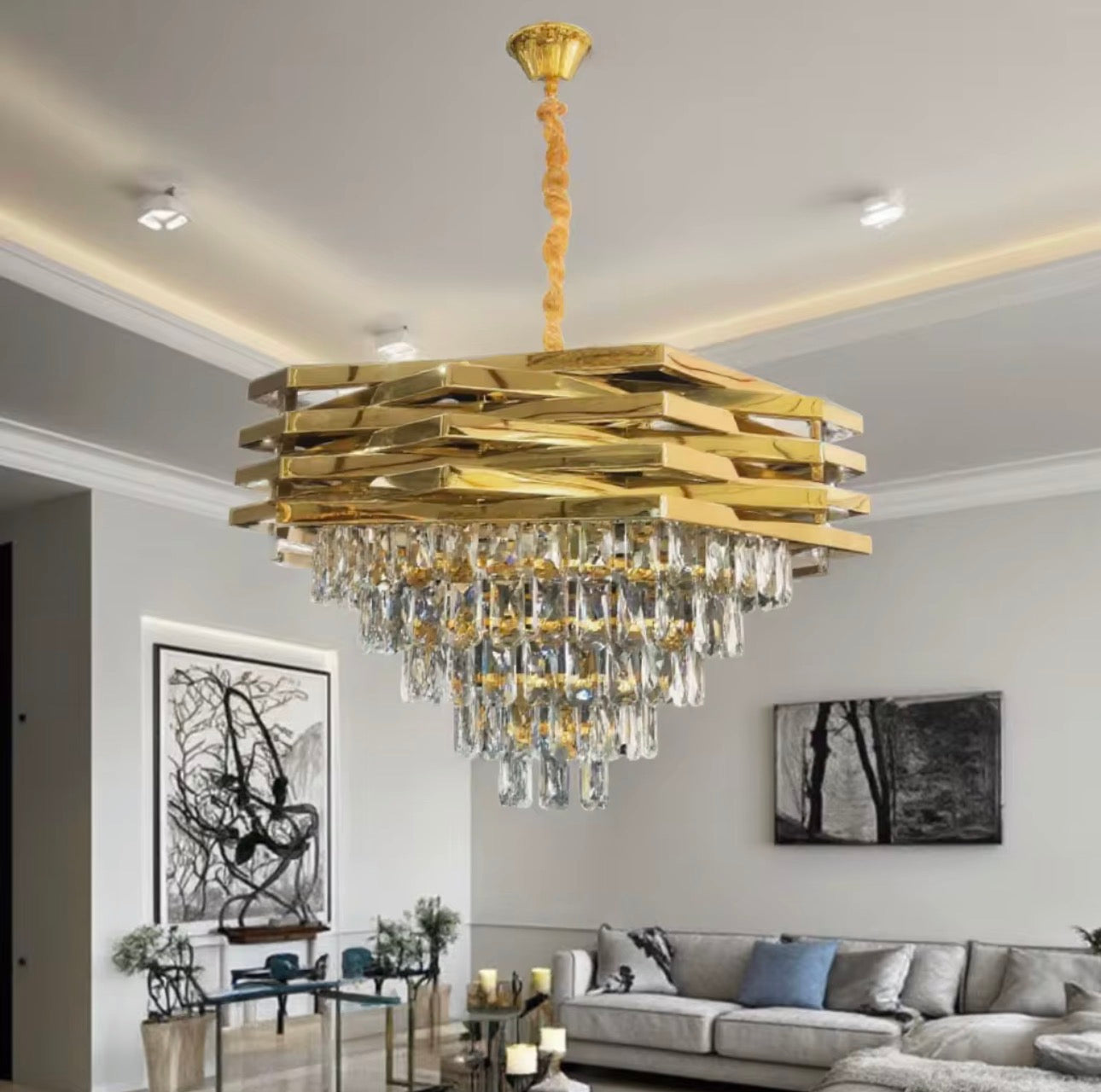 Modern Geometric Gold Crystal Chandelier (Luxury Tiered Drop Pendant Light)