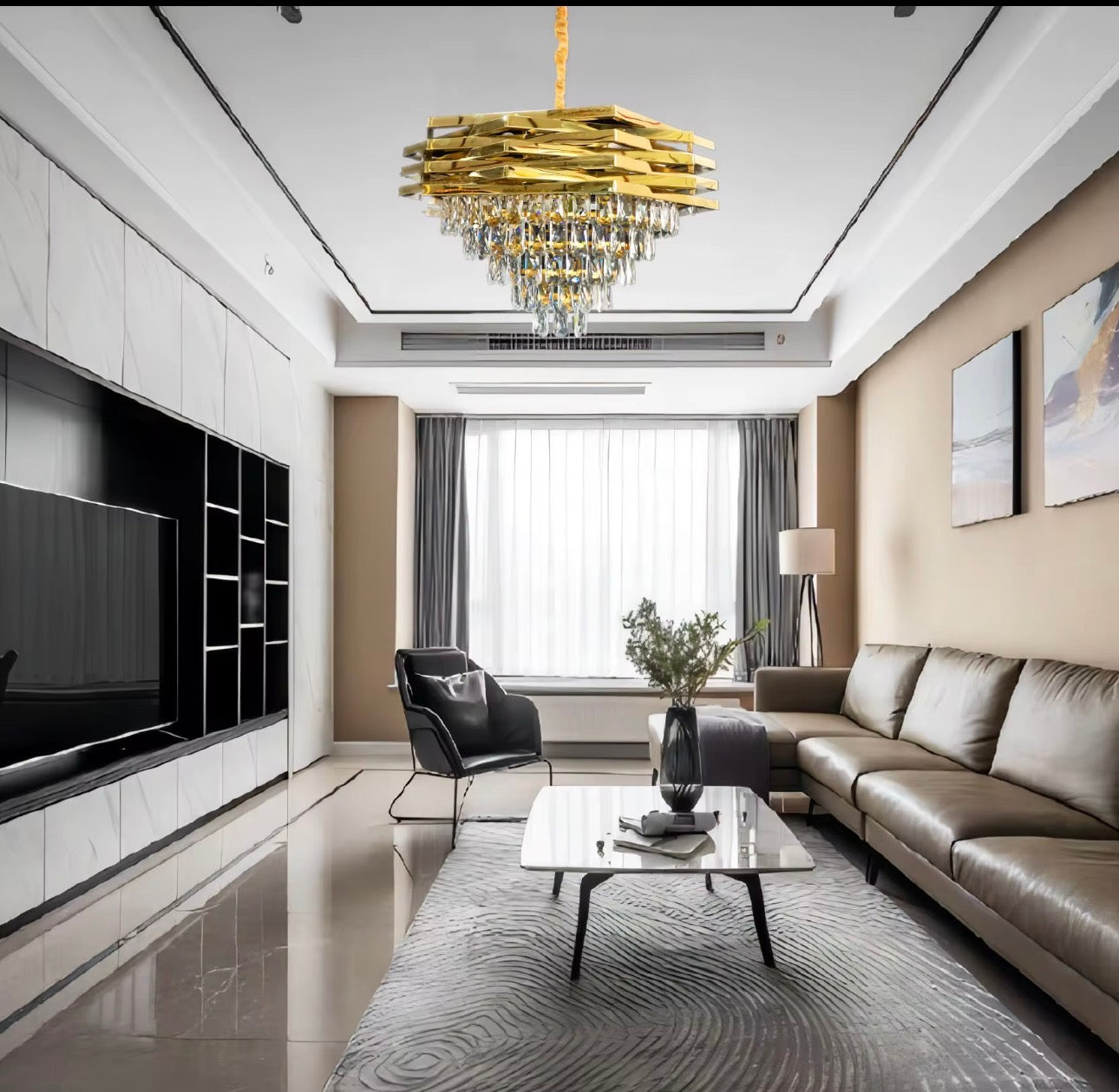 Modern Geometric Gold Crystal Chandelier (Luxury Tiered Drop Pendant Light)