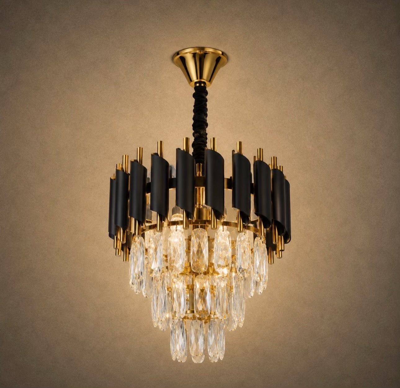 Modern Black Crystal Chandelier with Gold Finish for Living Room