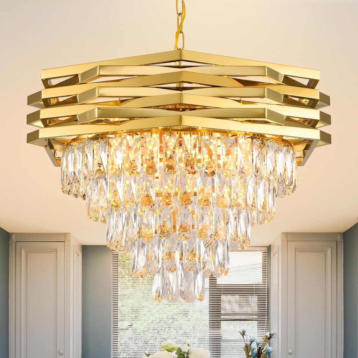 Modern Geometric Gold Crystal Chandelier (Luxury Tiered Drop Pendant Light)