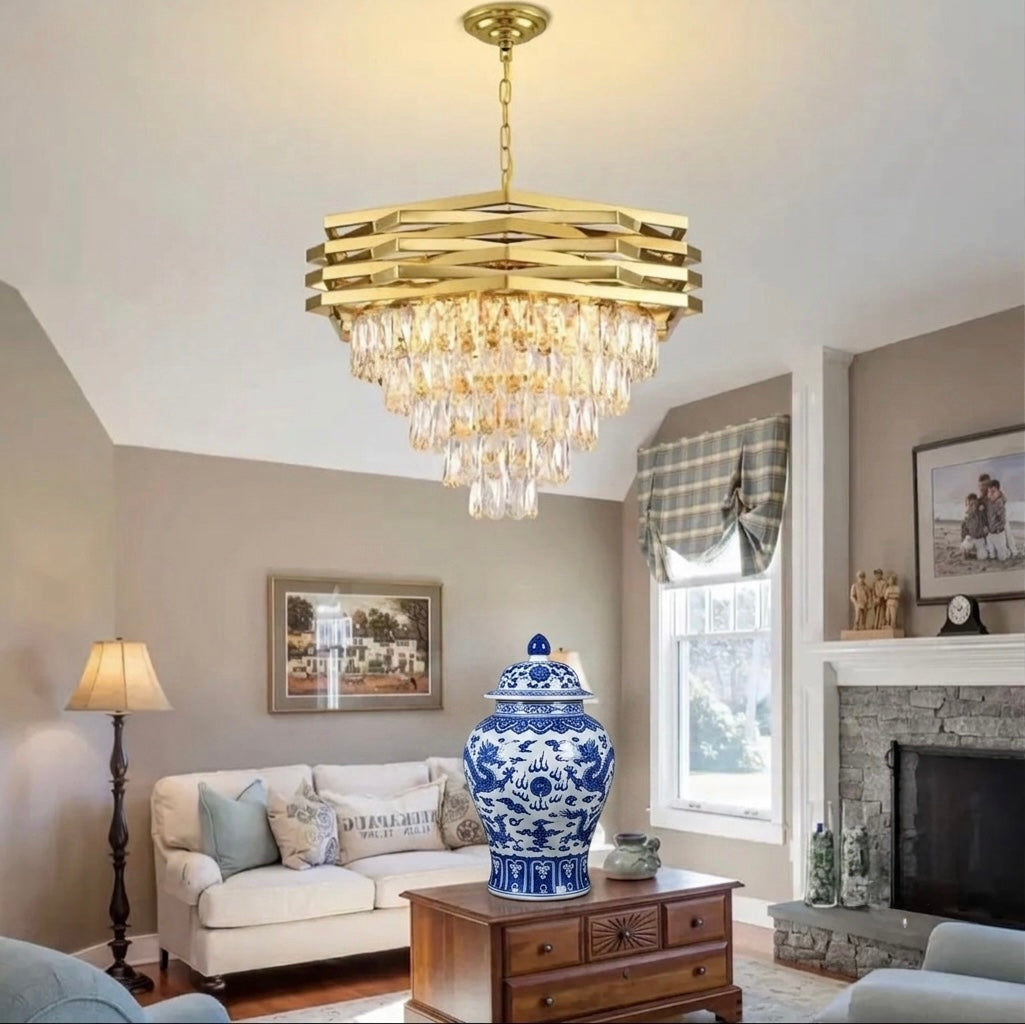 Modern Geometric Gold Crystal Chandelier (Luxury Tiered Drop Pendant Light)