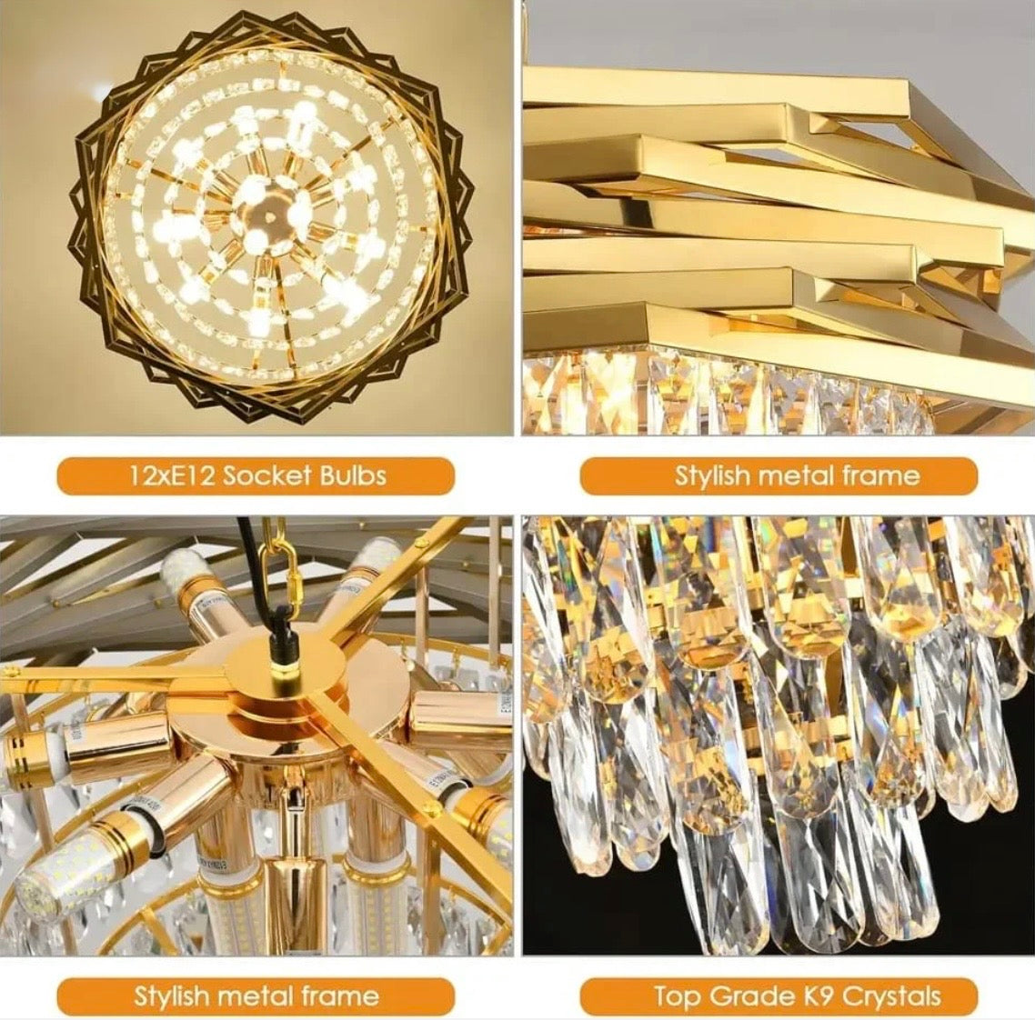 Modern Geometric Gold Crystal Chandelier (Luxury Tiered Drop Pendant Light)