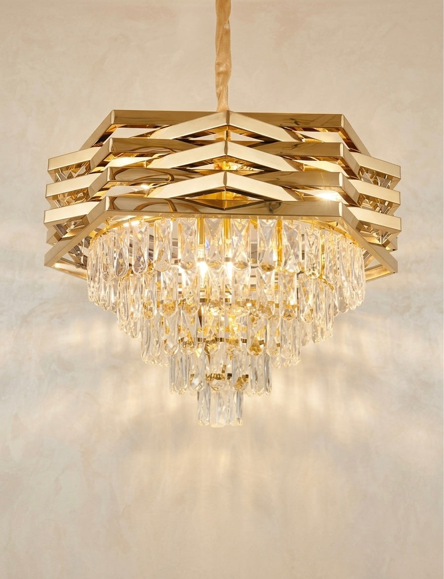 Modern Geometric Gold Crystal Chandelier (Luxury Tiered Drop Pendant Light)