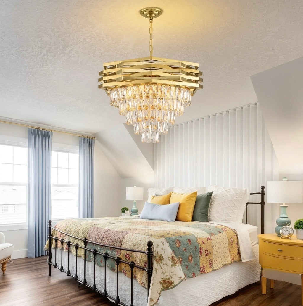 Modern Geometric Gold Crystal Chandelier (Luxury Tiered Drop Pendant Light)